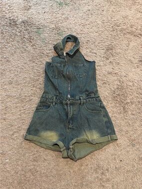 Denim Zip-Front Girls' Short Romper in Faded Blue